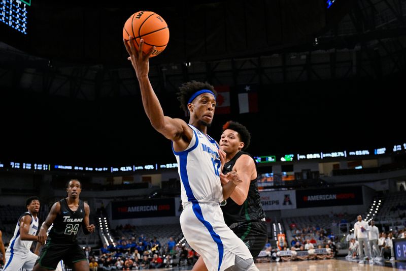 Mar 11, 2023; Fort Worth, TX, USA; Memphis Tigers forward DeAndre Williams (12) and Tulane Green Wave forward Tylan Pope (33) battle for the rebound during the second half at Dickies Arena. Mandatory Credit: Jerome Miron-USA TODAY Sports