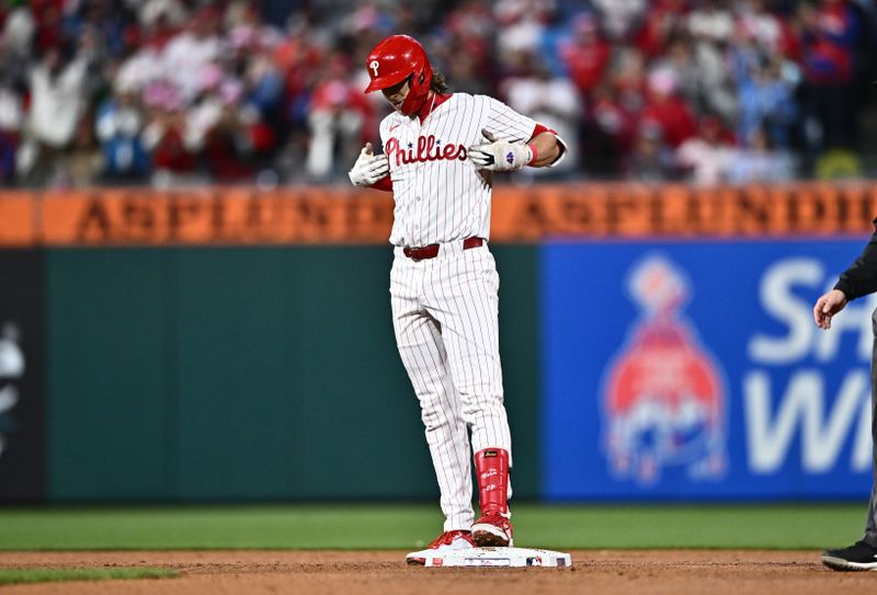 May 5, 2024; Philadelphia, Pennsylvania, USA; Philadelphia Phillies infielder Alec Bohm (28) reacts after hitting a double against the San Francisco Giants in the seventh inning at Citizens Bank Park. Mandatory Credit: Kyle Ross-USA TODAY Sports