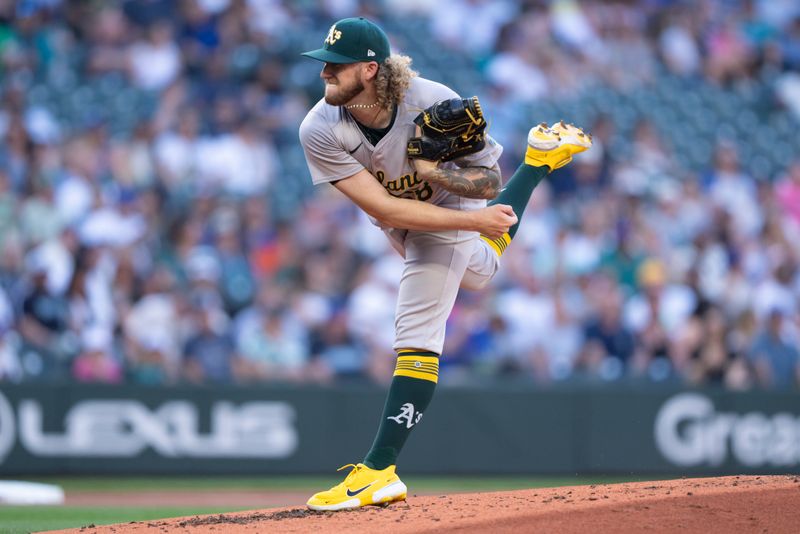 May 11, 2024; Seattle, Washington, USA; Oakland Athletics starter Joey Estes (68) delivers a pitch during the second inning against the Seattle Mariners at T-Mobile Park. Mandatory Credit: Stephen Brashear-USA TODAY Sports