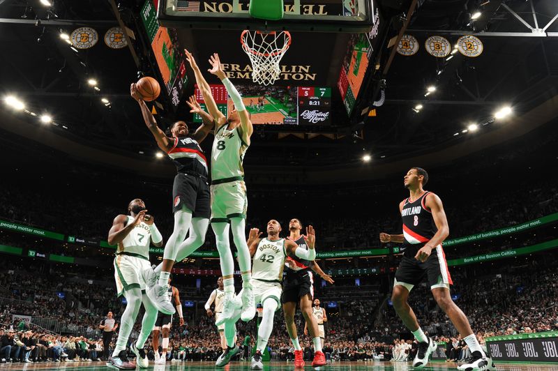 BOSTON, MA - APRIL 7: Jabari Walker #34 of the Portland Trail Blazers goes to the basket during the game on April 7, 2024 at the TD Garden in Boston, Massachusetts. NOTE TO USER: User expressly acknowledges and agrees that, by downloading and or using this photograph, User is consenting to the terms and conditions of the Getty Images License Agreement. Mandatory Copyright Notice: Copyright 2024 NBAE  (Photo by Brian Babineau/NBAE via Getty Images)