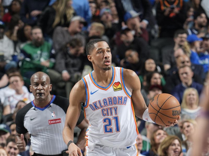 DALLAS, TX - JANUARY 17:  Aaron Wiggins #21 of the Oklahoma City Thunder dribbles the ball during the game against the Dallas Mavericks on January 17, 2025 at American Airlines Center in Dallas, Texas. NOTE TO USER: User expressly acknowledges and agrees that, by downloading and or using this photograph, User is consenting to the terms and conditions of the Getty Images License Agreement. Mandatory Copyright Notice: Copyright 2025 NBAE (Photo by Glenn James/NBAE via Getty Images)