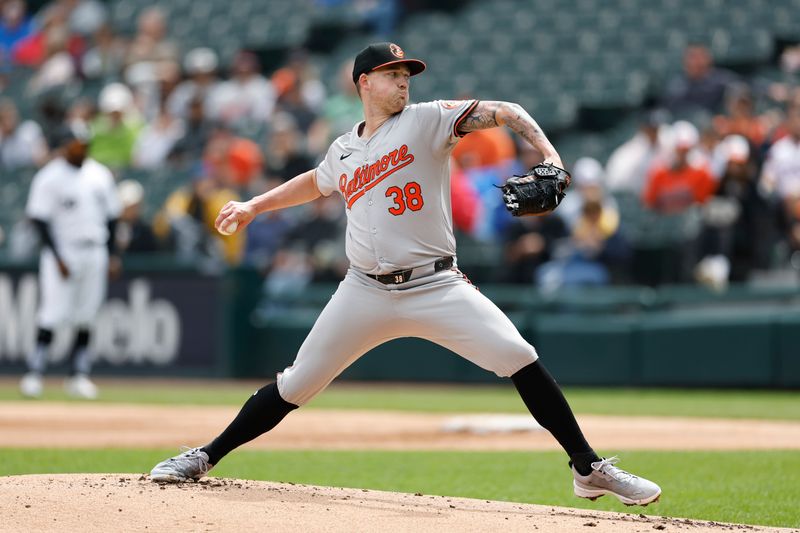 May 26, 2024; Chicago, Illinois, USA; Baltimore Orioles starting pitcher Kyle Bradish (38) delivers a pitch against the Chicago White Sox during the first inning at Guaranteed Rate Field. Mandatory Credit: Kamil Krzaczynski-USA TODAY Sports