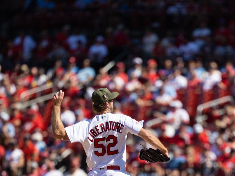 May 21, 2023; St. Louis, Missouri, USA; St. Louis Cardinals bring in closer Matthew Liberatore (52) in the seventh inning against the Los Angeles Dodgers at Busch Stadium. Mandatory Credit: Zach Dalin-USA TODAY Sports