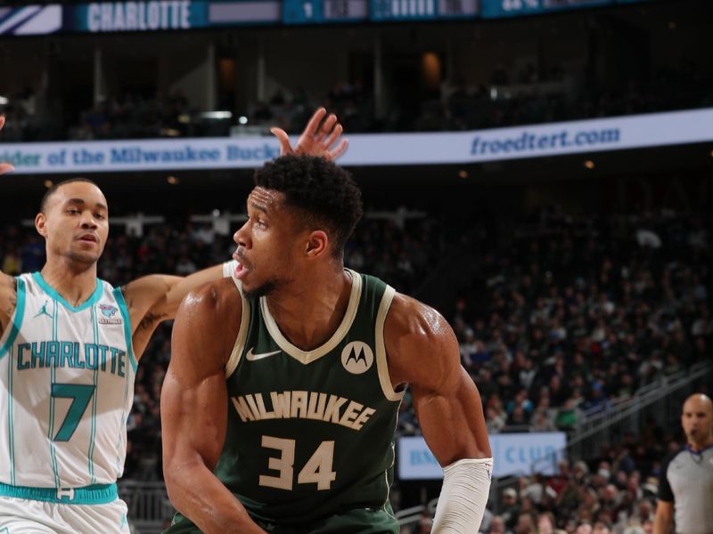 MILWAUKEE, WI - FEBRUARY 9: Giannis Antetokounmpo #34 of the Milwaukee Bucks handles the ball during the game against the Charlotte Hornets on February 9, 2024 at the Fiserv Forum Center in Milwaukee, Wisconsin. NOTE TO USER: User expressly acknowledges and agrees that, by downloading and or using this Photograph, user is consenting to the terms and conditions of the Getty Images License Agreement. Mandatory Copyright Notice: Copyright 2024 NBAE (Photo by Gary Dineen/NBAE via Getty Images).