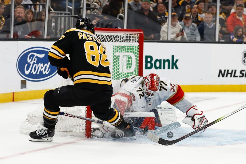 Oct 14, 2024; Boston, Massachusetts, USA; Boston Bruins right wing David Pastrnak (88) can’t jam a rebound past Florida Panthers goaltender Sergei Bobrovsky (72) during the second period at TD Garden. Mandatory Credit: Winslow Townson-Imagn Images