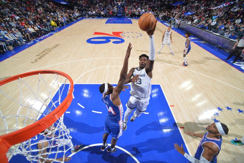 PHILADELPHIA, PA - MARCH 6:  Jaren Jackson Jr. #13 of the Memphis Grizzlies drives to the basket during the game against the Philadelphia 76ers on March 6, 2024 at the Wells Fargo Center in Philadelphia, Pennsylvania NOTE TO USER: User expressly acknowledges and agrees that, by downloading and/or using this Photograph, user is consenting to the terms and conditions of the Getty Images License Agreement. Mandatory Copyright Notice: Copyright 2024 NBAE (Photo by Jesse D. Garrabrant/NBAE via Getty Images)