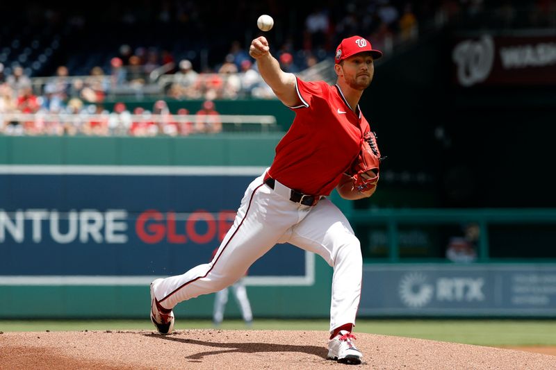 May 25, 2025; Washington, District of Columbia, USA; Washington Nationals starting pitcher Michael Soroka (34) pitches against the San Francisco Giants during the first inning at Nationals Park. Mandatory Credit: Geoff Burke-Imagn Images