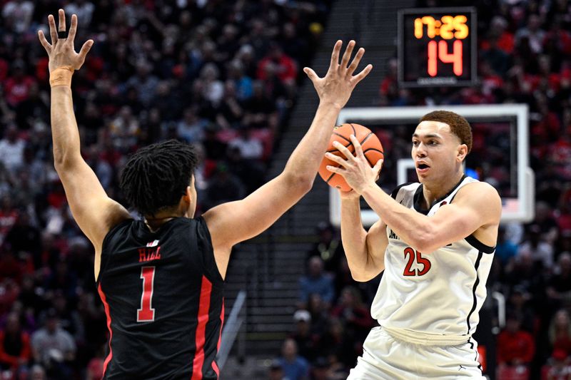 Jan 6, 2024; San Diego, California, USA; San Diego State Aztecs forward Elijah Saunders (25) controls the ball while defended by UNLV Rebels forward Jalen Hill (1) during the first half at Viejas Arena. Mandatory Credit: Orlando Ramirez-USA TODAY Sports