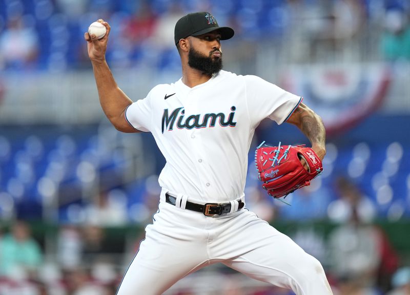 Apr 4, 2023; Miami, Florida, USA;  Miami Marlins starting pitcher Sandy Alcantara (22) pitches against the Minnesota Twins in the first inning at loanDepot Park. Mandatory Credit: Jim Rassol-USA TODAY Sports