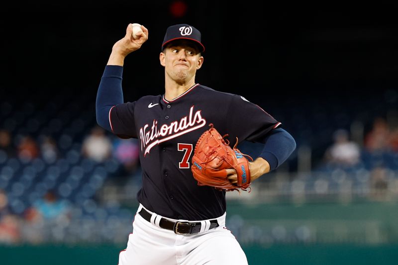 Sep 19, 2023; Washington, District of Columbia, USA; Washington Nationals starting pitcher Jackson Rutledge (79) pitches against the Chicago White Sox during the first inning at Nationals Park. Mandatory Credit: Geoff Burke-USA TODAY Sports