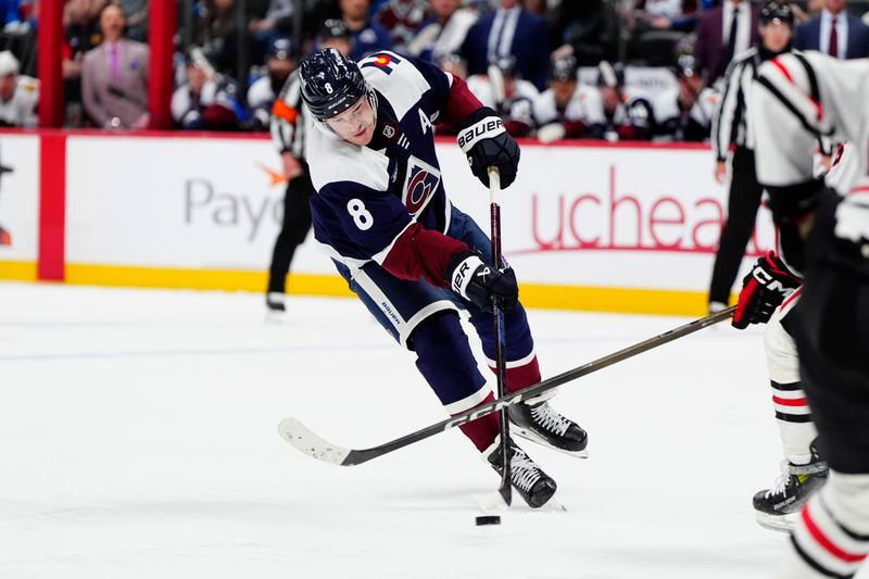 Feb 28, 2026; Denver, Colorado, USA; Colorado Avalanche defenseman Cale Makar (8) shoots the puck in the second period against the Chicago Blackhawks at Ball Arena. Mandatory Credit: Ron Chenoy-Imagn Images Feb 28, 2026; Denver, Colorado, USA; Colorado Avalanche defenseman Cale Makar (8) shoots the puck in the second period against the Chicago Blackhawks at Ball Arena. Mandatory Credit: Ron Chenoy-Imagn Images
