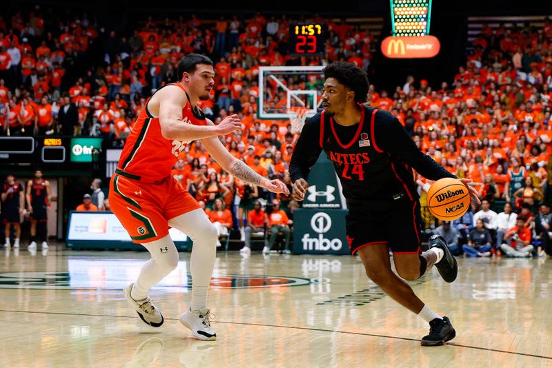 Feb 21, 2026; Fort Collins, Colorado, USA; San Diego State Aztecs guard Taj Degourville (24) controls the ball as Colorado State Rams forward Jevin Muniz (55) guards in the first half at Moby Arena. Mandatory Credit: Isaiah J. Downing-Imagn Images Feb 21, 2026; Fort Collins, Colorado, USA; San Diego State Aztecs guard Taj Degourville (24) controls the ball as Colorado State Rams forward Jevin Muniz (55) guards in the first half at Moby Arena. Mandatory Credit: Isaiah J. Downing-Imagn Images