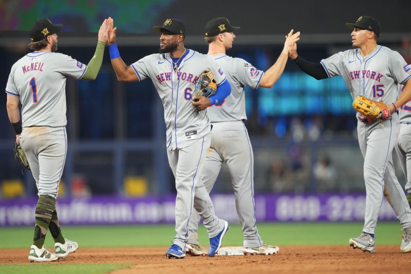 May 19, 2024; Miami, Florida, USA;  New York Mets outfielder Starling Marte (6) and teammates celebrate a victory over the Miami Marlins at loanDepot Park. Mandatory Credit: Jim Rassol-USA TODAY Sports