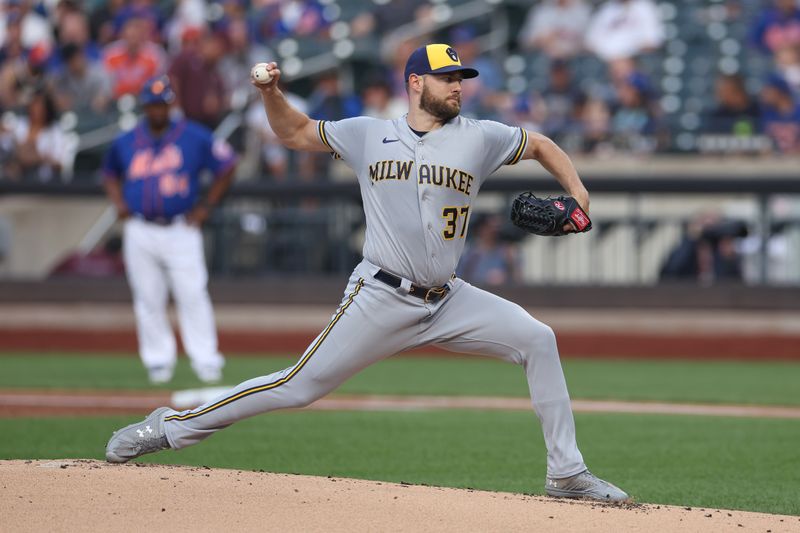 Jun 29, 2023; New York City, New York, USA; Milwaukee Brewers starting pitcher Adrian Houser (37) delivers a pitch during the first inning against the New York Mets at Citi Field. Mandatory Credit: Vincent Carchietta-USA TODAY Sports