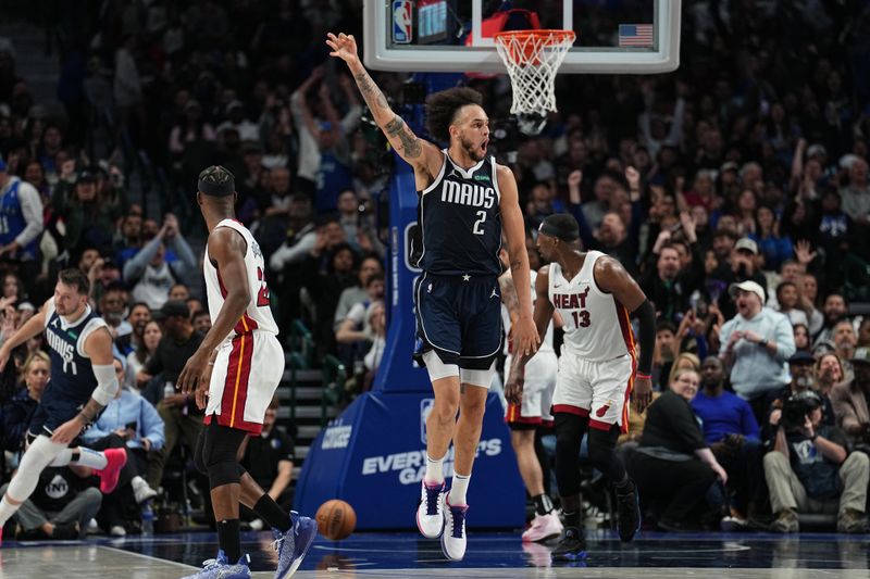 DALLAS, TX - MARCH 7: Dereck Lively II #2 of the Dallas Mavericks celebrates during the game against the Miami Heat on March 7, 2024 at the American Airlines Center in Dallas, Texas. NOTE TO USER: User expressly acknowledges and agrees that, by downloading and or using this photograph, User is consenting to the terms and conditions of the Getty Images License Agreement. Mandatory Copyright Notice: Copyright 2024 NBAE (Photo by Glenn James/NBAE via Getty Images)