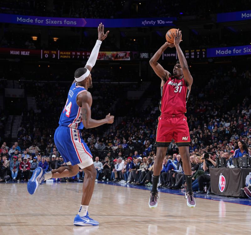 PHILADELPHIA, PA - MARCH 18: Thomas Bryant #31 of the Miami Heat shoots the ball during the game against the Philadelphia 76ers on March 18, 2024 at the Wells Fargo Center in Philadelphia, Pennsylvania NOTE TO USER: User expressly acknowledges and agrees that, by downloading and/or using this Photograph, user is consenting to the terms and conditions of the Getty Images License Agreement. Mandatory Copyright Notice: Copyright 2024 NBAE (Photo by Jesse D. Garrabrant/NBAE via Getty Images)