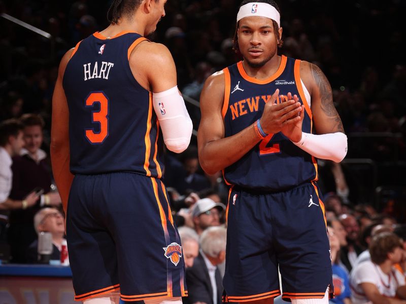 NEW YORK, NY - DECEMBER 3: Miles McBride #2 and Josh Hart #3 of the New York Knicks look on during the game against the Orlando Magic during the Emirates NBA Cup on December 3, 2024 at Madison Square Garden in New York City, New York.  NOTE TO USER: User expressly acknowledges and agrees that, by downloading and or using this photograph, User is consenting to the terms and conditions of the Getty Images License Agreement. Mandatory Copyright Notice: Copyright 2024 NBAE  (Photo by Nathaniel S. Butler/NBAE via Getty Images)