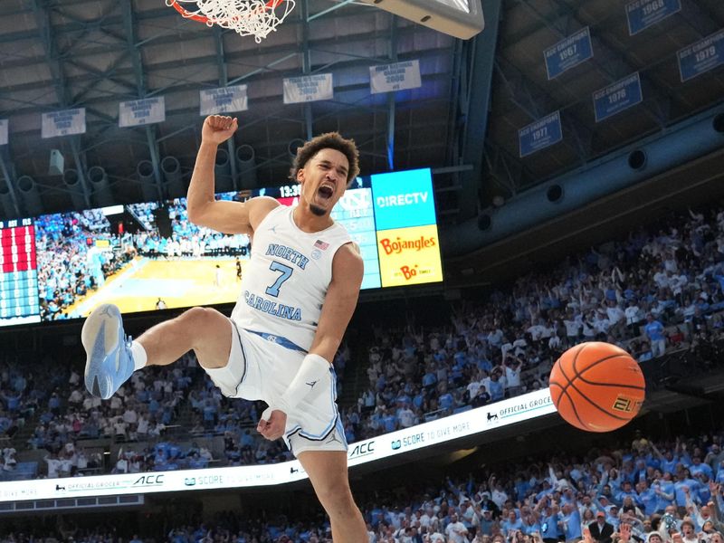 Feb 23, 2026; Chapel Hill, North Carolina, USA; North Carolina Tar Heels guard Seth Trimble (7) reacts after scoring in the second half at Dean E. Smith Center. Mandatory Credit: Bob Donnan-Imagn Images