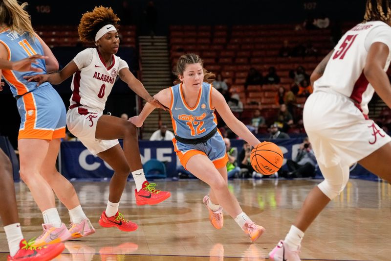 oMar 8, 2024; Greensville, SC, USA; Tennessee Lady Vols guard Edie Darby (12) dribbles against the Alabama Crimson Tide during the second half at Bon Secours Wellness Arena. Mandatory Credit: Jim Dedmon-USA TODAY Sports