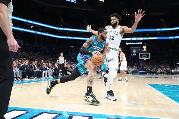 CHARLOTTE, NC - DECEMBER 2: Miles Bridges #0 of the Charlotte Hornets drives to the basket during the game against the Minnesota Timberwolves on December 2, 2023 at Spectrum Center in Charlotte, North Carolina. NOTE TO USER: User expressly acknowledges and agrees that, by downloading and or using this photograph, User is consenting to the terms and conditions of the Getty Images License Agreement.  Mandatory Copyright Notice:  Copyright 2023 NBAE (Photo by Brock Williams-Smith/NBAE via Getty Images)