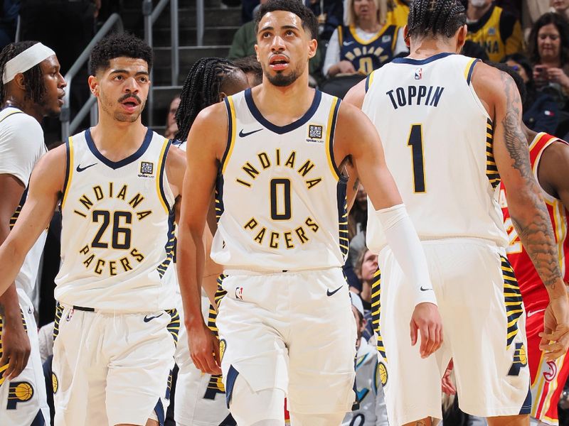 INDIANAPOLIS, IN - FEBRUARY 1: Tyrese Haliburton #0 of the Indiana Pacers looks on during the game against the Atlanta Hawks on February 1, 2025 at Gainbridge Fieldhouse in Indianapolis, Indiana. NOTE TO USER: User expressly acknowledges and agrees that, by downloading and or using this Photograph, user is consenting to the terms and conditions of the Getty Images License Agreement. Mandatory Copyright Notice: Copyright 2025 NBAE (Photo by Ron Hoskins/NBAE via Getty Images)