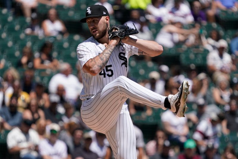 Jun 30, 2024; Chicago, Illinois, USA; Chicago White Sox pitcher Garrett Crochet (45) throws the ball against the Colorado Rockies during the first inning at Guaranteed Rate Field. Mandatory Credit: David Banks-USA TODAY Sports