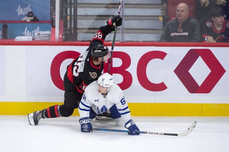 Sep 24, 2024; Ottawa, Ontario, CAN; Ottawa Senators defenseman Jake Sanderson (85) is called for interference on Toronto Maple Leafs center Jacob Quillan (61) in the third period at the Canadian Tire Centre. Mandatory Credit: Marc DesRosiers-Imagn Images