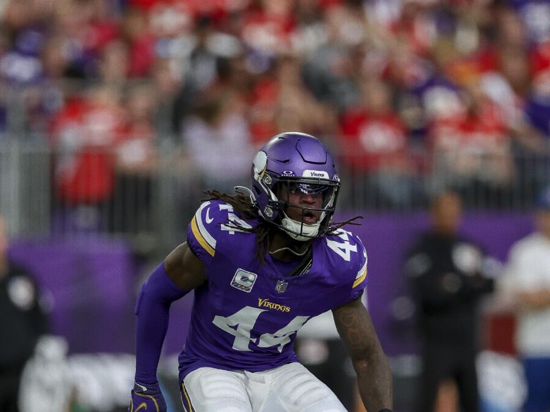 Minnesota Vikings safety Josh Metellus (44) in action against the Kansas City Chiefs during the first half of an NFL football game Sunday, Oct. 8, 2023 in Minneapolis. (AP Photo/Stacy Bengs)