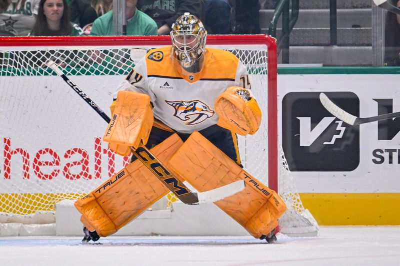 Feb 28, 2026; Dallas, Texas, USA; Nashville Predators goaltender Juuse Saros (74) faces the Dallas Stars attack during the first period at the American Airlines Center. Mandatory Credit: Jerome Miron-Imagn Images