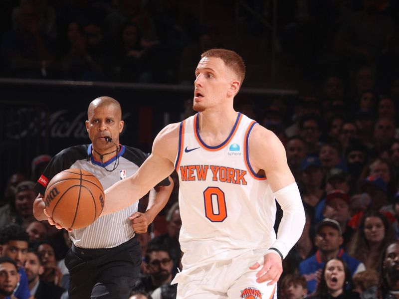 NEW YORK, NY - APRIL 20:  Donte Divincenzo #0 of the New York Knicks handles the ball during the game  against the Philadelphia 76ers during Round 1 Game 1 of the 2024 NBA Playoffs on April 20, 2024 at Madison Square Garden in New York City, New York.  NOTE TO USER: User expressly acknowledges and agrees that, by downloading and or using this photograph, User is consenting to the terms and conditions of the Getty Images License Agreement. Mandatory Copyright Notice: Copyright 2024 NBAE  (Photo by Nathaniel S. Butler/NBAE via Getty Images)