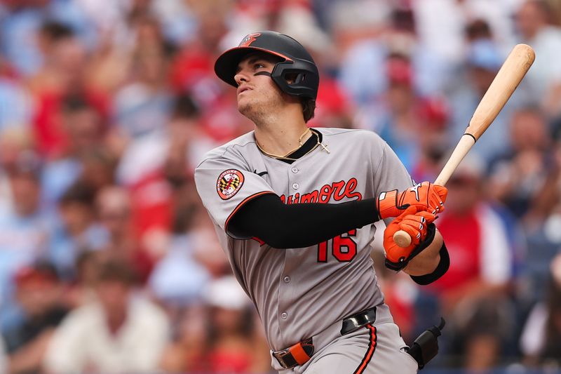 Aug 6, 2025; Philadelphia, Pennsylvania, USA; Baltimore Orioles first base Coby Mayo (16) hits a single during the sixth inning against the Philadelphia Phillies at Citizens Bank Park. Mandatory Credit: Bill Streicher-Imagn Images