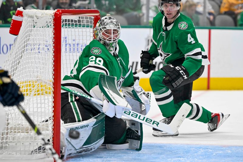 Oct 15, 2022; Dallas, Texas, USA; Dallas Stars goaltender Jake Oettinger (29) faces the Nashville Predators attack during the third period at the American Airlines Center. Mandatory Credit: Jerome Miron-USA TODAY Sports