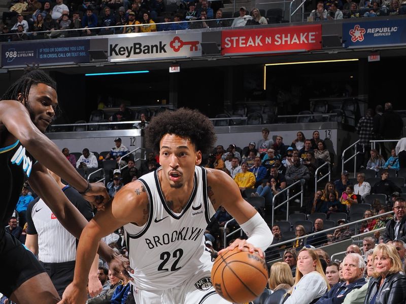 INDIANAPOLIS, IN - MARCH 16: Jalen Wilson #22 of the Brooklyn Nets drives to the basket during the game against the Indiana Pacers on March 16, 2024 at Gainbridge Fieldhouse in Indianapolis, Indiana. NOTE TO USER: User expressly acknowledges and agrees that, by downloading and or using this Photograph, user is consenting to the terms and conditions of the Getty Images License Agreement. Mandatory Copyright Notice: Copyright 2024 NBAE (Photo by Ron Hoskins/NBAE via Getty Images)