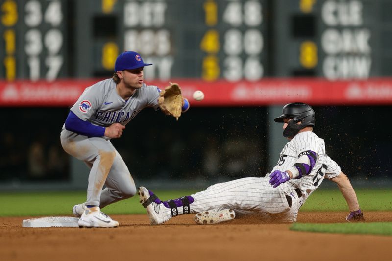 Sep 13, 2024; Denver, Colorado, USA; Colorado Rockies catcher Hunter Goodman (15) advances to second on an RBI single ahead of the tag from Chicago Cubs second baseman Nico Hoerner (2) in the fourth inning at Coors Field. Mandatory Credit: Isaiah J. Downing-Imagn Images