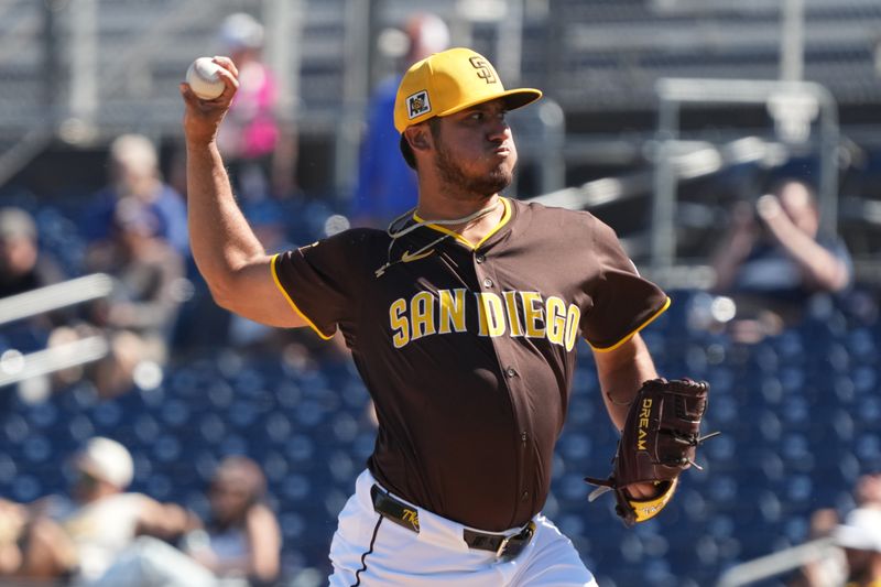 Feb 25, 2025; Peoria, Arizona, USA; San Diego Padres pitcher Harold Chirino throws against the Los Angeles Angels during the third inning at Peoria Sports Complex. Mandatory Credit: Rick Scuteri-Imagn Images