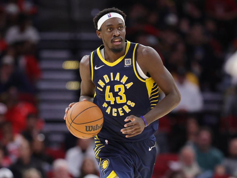 HOUSTON, TEXAS - NOVEMBER 20: Pascal Siakam #43 of the Indiana Pacers dribbles the ball upcourt against the Houston Rockets during the first half at Toyota Center on November 20, 2024 in Houston, Texas. NOTE TO USER: User expressly acknowledges and agrees that, by downloading and or using this photograph, User is consenting to the terms and conditions of the Getty Images License Agreement. (Photo by Alex Slitz/Getty Images)