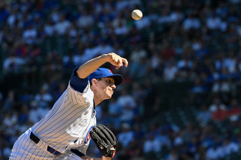 Sep 21, 2024; Chicago, Illinois, USA;  Chicago Cubs pitcher Kyle Hendricks (28) delivers against the Washington Nationals during the first inning at Wrigley Field. Mandatory Credit: Matt Marton-Imagn Images