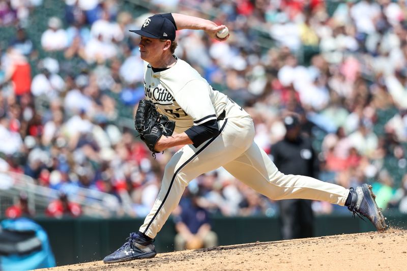 May 25, 2025; Minneapolis, Minnesota, USA; Minnesota Twins pitcher Louis Varland (37) delivers a pitch against the Kansas City Royals during the seventh inning at Target Field. Mandatory Credit: Matt Krohn-Imagn Images