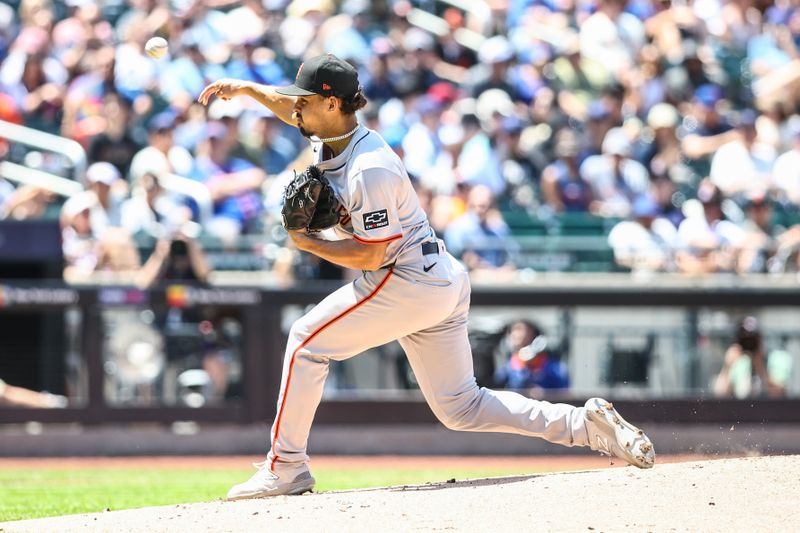 May 25, 2024; New York City, New York, USA;  San Francisco Giants starting pitcher Jordan Hicks (12) pitches in the first inning against the New York Mets at Citi Field. Mandatory Credit: Wendell Cruz-USA TODAY Sports