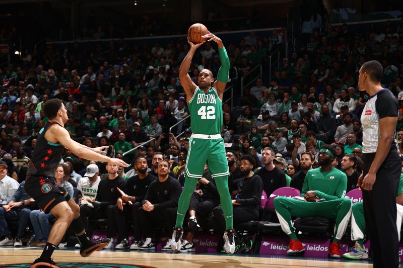 WASHINGTON, DC -? MARCH 17: Al Horford #42 of the Boston Celtics shoots the ball during the game against the Washington Wizards on March 17, 2024 at Capital One Arena in Washington, DC. NOTE TO USER: User expressly acknowledges and agrees that, by downloading and or using this Photograph, user is consenting to the terms and conditions of the Getty Images License Agreement. Mandatory Copyright Notice: Copyright 2024 NBAE (Photo by Kenny Giarla/NBAE via Getty Images)