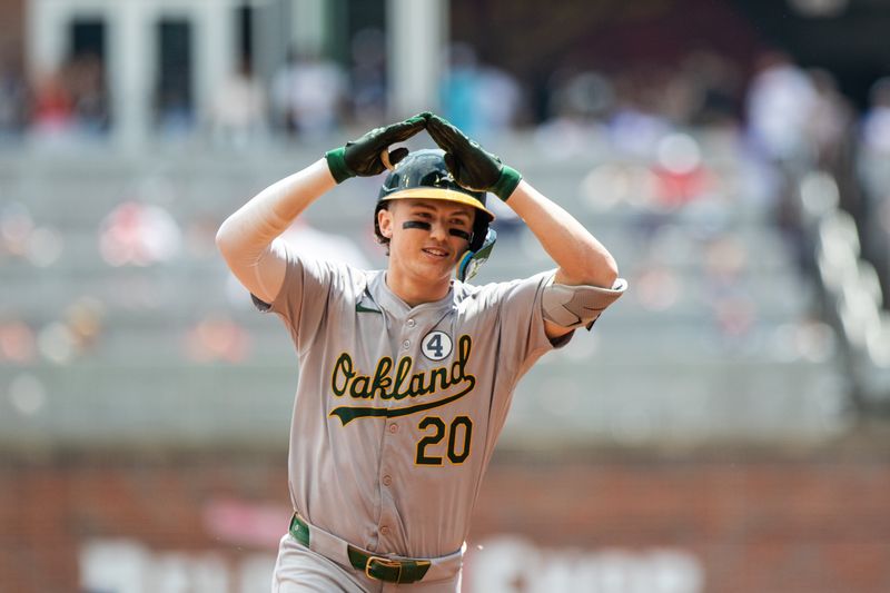 Jun 2, 2024; Cumberland, Georgia, USA; Oakland Athletics second base Zack Gelof (20) celebrates home-run against Atlanta Braves while running the bases during the seventh inning at Truist Park. Mandatory Credit: Jordan Godfree-USA TODAY Sports