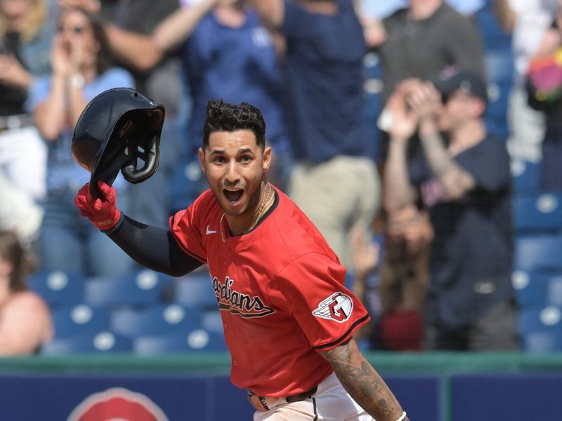 May 8, 2024; Cleveland, Ohio, USA; Cleveland Guardians shortstop Brayan Rocchio (4) celebrates after hitting a game winning RBI single during the tenth inning Detroit Tigers at Progressive Field. Mandatory Credit: Ken Blaze-USA TODAY Sports