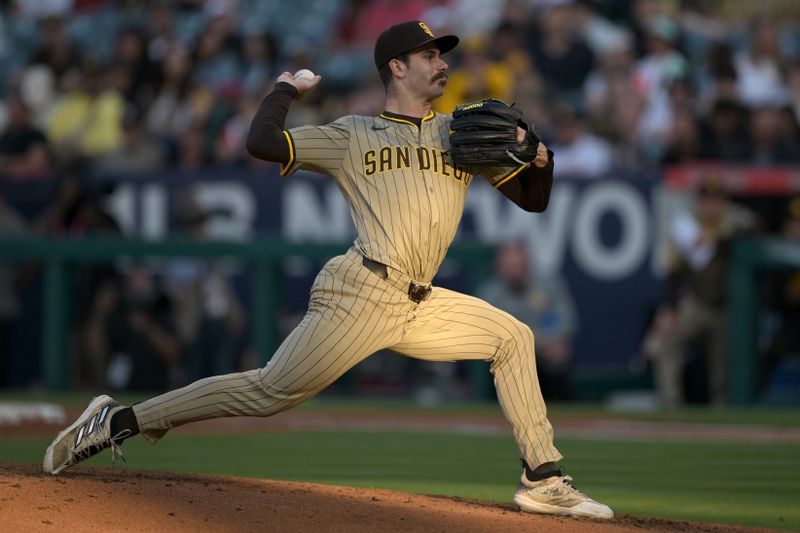 Jun 5, 2024; Anaheim, California, USA;  San Diego Padres starting pitcher Dylan Cease (84) delivers to the plate in the third inning against the Los Angeles Angels at Angel Stadium. Mandatory Credit: Jayne Kamin-Oncea-USA TODAY Sports