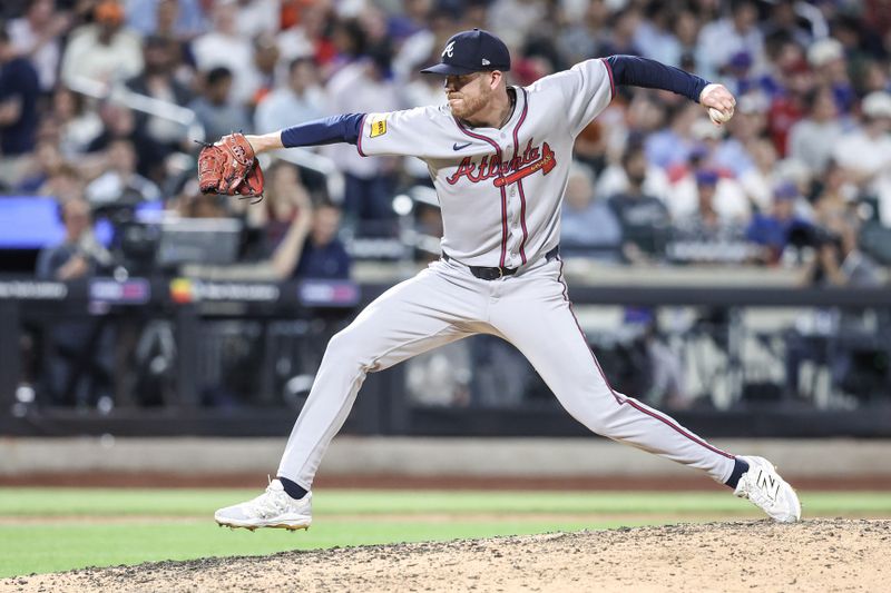 Jun 25, 2025; New York City, New York, USA;  Atlanta Braves relief pitcher Aaron Bummer (49) pitches in the sixth inning against the New York Mets at Citi Field. Mandatory Credit: Wendell Cruz-Imagn Images