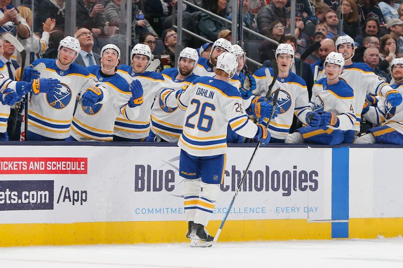 Apr 10, 2025; Columbus, Ohio, USA; Buffalo Sabres defenseman Rasmus Dahlin (26) celebrates his goal against the Columbus Blue Jackets during the first period at Nationwide Arena. Mandatory Credit: Russell LaBounty-Imagn Images