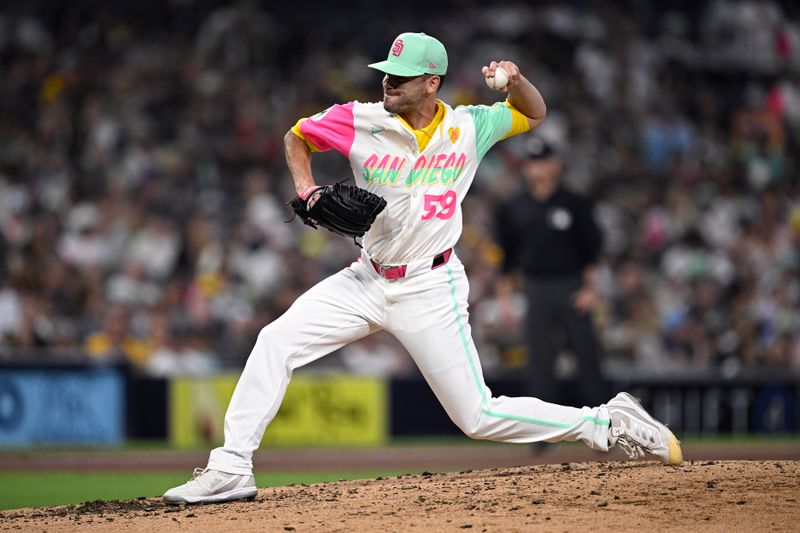 Jun 21, 2024; San Diego, California, USA; San Diego Padres relief pitcher Tom Cosgrove (59) pitches against the Milwaukee Brewers during the fifth inning at Petco Park. Mandatory Credit: Orlando Ramirez-USA TODAY Sports