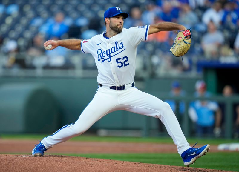 Apr 23, 2024; Kansas City, Missouri, USA; Kansas City Royals pitcher Michael Wacha (52) pitches during the first inning against the Toronto Blue Jays at Kauffman Stadium. Mandatory Credit: Jay Biggerstaff-USA TODAY Sports