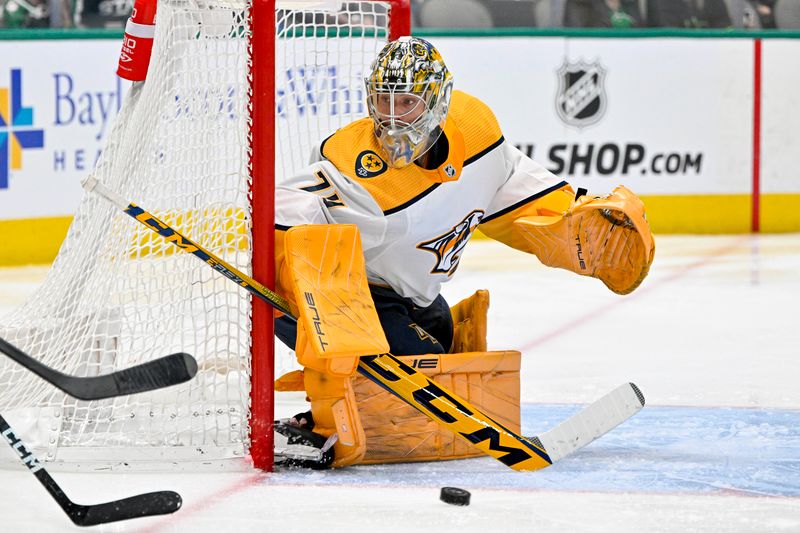 Apr 3, 2023; Dallas, Texas, USA; Nashville Predators goaltender Juuse Saros (74) faces the Dallas Stars attack during the second period at the American Airlines Center. Mandatory Credit: Jerome Miron-USA TODAY Sports