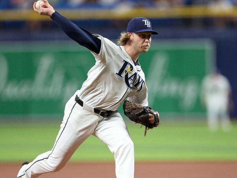 Jul 11, 2024; St. Petersburg, Florida, USA;  Tampa Bay Rays pitcher Shane Baz (11) throws a pitch against the New York Yankees in the first inning at Tropicana Field. Mandatory Credit: Nathan Ray Seebeck-USA TODAY Sports