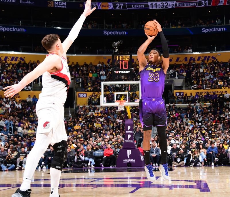 LOS ANGELES, CA - JANUARY 2: Rui Hachimura #28 of the Los Angeles Lakers shoots the ball during the game against the Portland Trail Blazers on January 2, 2025 at Crypto.Com Arena in Los Angeles, California. NOTE TO USER: User expressly acknowledges and agrees that, by downloading and/or using this Photograph, user is consenting to the terms and conditions of the Getty Images License Agreement. Mandatory Copyright Notice: Copyright 2025 NBAE (Photo by Adam Pantozzi/NBAE via Getty Images)